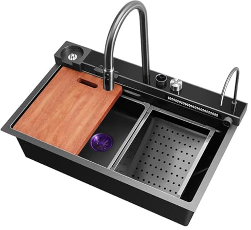 Cocina Hermoso patrón y botón de Fregadero Duradero Cascada de Agua Fregadero con Pantalla Digital Cocina de Acero Inoxidable Fregadero Incorporado Lavaplatos Fregaderos de Piscina