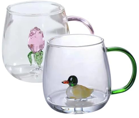 Hintyne Niedliche Tasse Mit 3D Tier Im Inneren Niedliche Tasse 2 Stück 400 Ml Glas Kaffeetasse Mit Griff 3D Tier Trinkgläser Cartoon Glas Teetasse Für Zuhause Tee Saft Milch