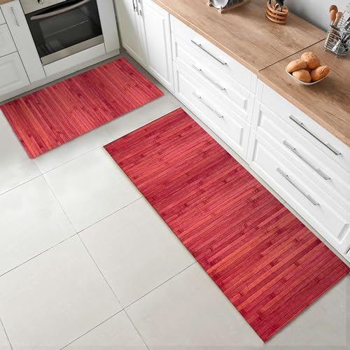 CosìCasa Juego de 2 alfombras de bambú para cocina ecológicas, antideslizantes, lavables, ideales como alfombra de cocina o para la entrada interior: 50 x 75 cm + 50 x 180 cm, rojo