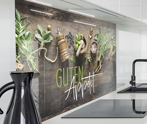 timalo Herd Spritzschutz Wand Spüle, Küche Küchenrückwand Glasoptik | Acryl Glas 2mm | Glasrückwand Acrylglas Küchenpaneele Rückwandschutz Platte | 160x50cm Kräuter Gewürze Text Guten Appetit
