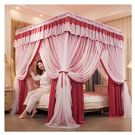 Betthimmel, Schlafzimmerbett, Moskitonetz, verdunkelnd und staubdicht, 4-Eck-Baldachin, Prinzessinnenzimmer, dekorativer Bettvorhang (Farbe: Rot, Größe: 200 x 220 x 200 cm)