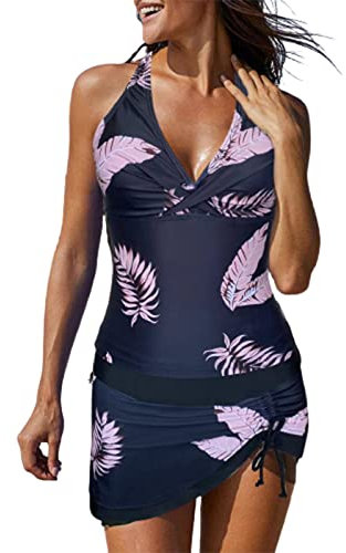 Tops Mit Integriertem BH Damen Tankini-Badeanzüge für Damen mit Rock 2-teilige Badebekleidung Federdruck-Badeanzüge Bikini Schwarz Damen Badeanzug Damen GroßE GrößE (Black, L)