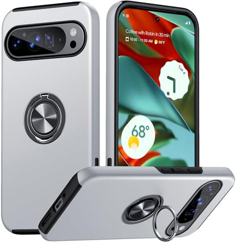 JAME für Google Pixel 9/9 Pro Hülle mit 360° Magnetischer Drehbarer Ständer, Militärschutz Kameraschutz Stoßfest Handyhülle für Pixel 9/9 Pro Hülle, Silber