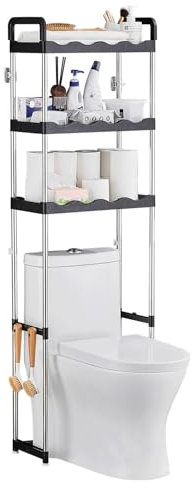 PORUGE Meuble WC, Meuble Salle de Bain Rangement à 3 Niveaux, Étagère WC Autoportante en Métal, Rangement au-Dessus des Toilettes ou Lave-Linge peu Gain de Place, Montage Facile Etagere Toilette, Noir