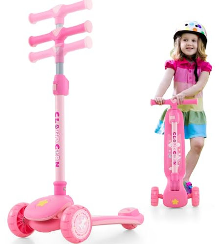 KOMFOTTEU Kinder Roller Faltbar, Tretroller Scooter mit LED Rädern, Kinderroller höhenverstellbar von 63-83 cm, Cityroller Kickscooter für Kinder ab 3 Jahren (Pink+Rosa)