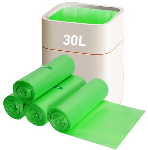 KOMABLEN 80 Sac Poubelle 30l, 4 Rouleaux Biodégradables Sac Amidon de Maïs, Résistant Sacs Poubelle Compostable, Vert Sacs Poubelle pour Salon, Aliments, Salle de Bain, Ménages(60x70cm)