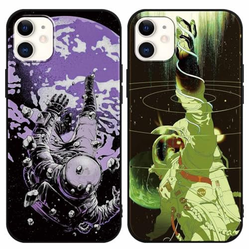 Yimctoie 2 Stück Schwarze Handyhülle für iPhone 11 6,1,Cool Astronaut Cartoon Karikatur Anime Case,Mode Aesthetic Planet Muster Hülle Silikon Schutzhülle Bumper Stoßfeste Cover für iPhone 11