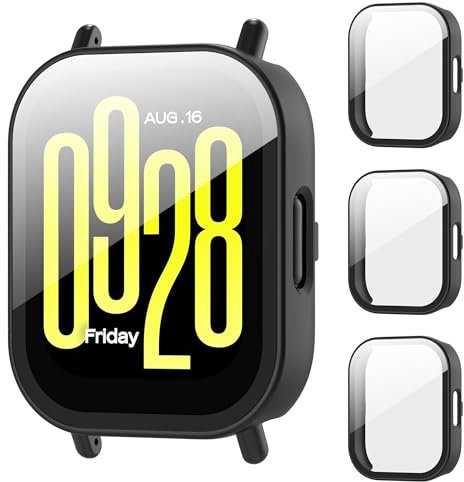 3-Stück Hard PC 360° Hülle Kompatibel mit Xiaomi Redmi Watch 5 Active Schutzhülle mit 9H Gehärtetem Glas Displayschutz Kratzfest,Ultradünne Case,Schwarz&Schwarz&Schwarz