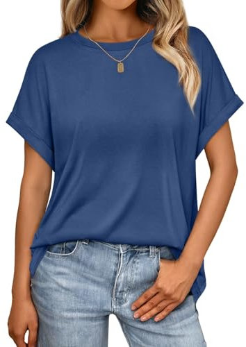Cuptacc T-Shirt Damen Sommer Kurzarm Rundhals Basic Top Cap Sleeve Locker Tshirt Damen Casual Solid Color Oberteile Mittel M 38-40 Blau