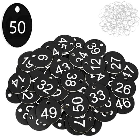 Flintronic 50 Stück Kunststoff Nummernschilder, ID-Nummernschilder aus Kunststoff, Kleine Wasserdichte Zahlenmarken, ID Tags mit Loch, mit Schlüsselringe, für Garderobe Hotel(Schwarz, 1-50)