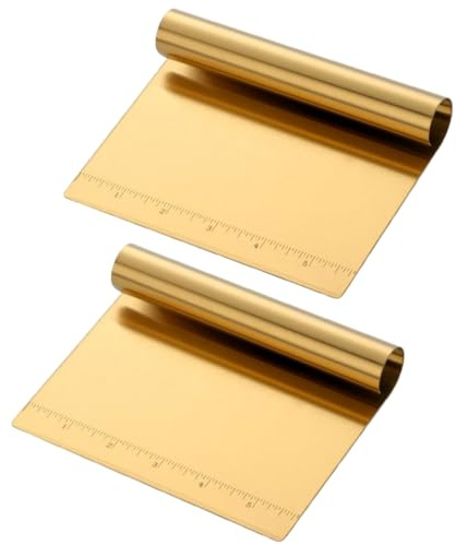 Stainless Steel Multifunctional Flour Scraper Set of 2, Mirror Polished Cake & Pizza Cutter Dough & Pastry Cutter Baking Scale Scraper & Butter Knife with Scale Pastry Bread Separator Gold