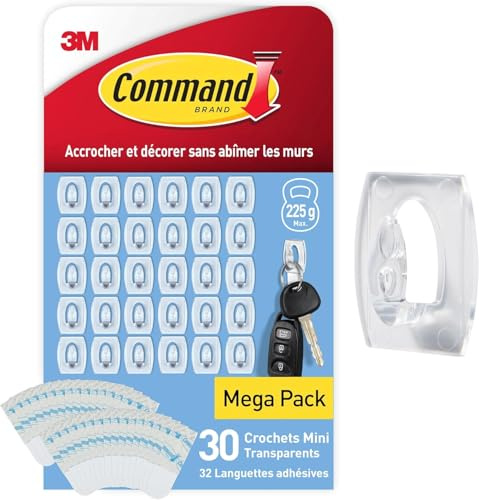Command Mini Ganci Adesivi Trasparenti per Decorazioni Interne, 30 Ganci e 32 Strisce - Senza Forare, Danneggiare il Muro o Lasciare Residui Appiccosi, Tenuta: 225g