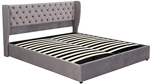 Elegantes Polsterbett mit hohem Kopfteil, hydraulischem Aufbewahrungssystem, luxuriösem Chesterfield-Stil, stabilem Holzrahmen, Lattenrost aus Massivholz, weichem Samtbezug (Grau,180x200cm)