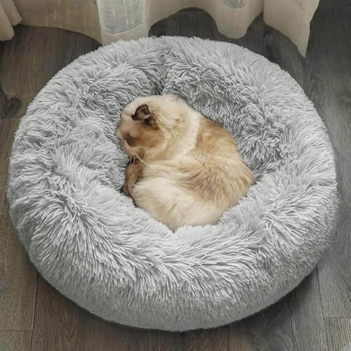 DONWEI Cat Bed, Donut Cat Beds for Indoor Cats, Raised Dog Beds, 60x60cm | Light Grey, Anti-slip Bottom, Plush Washable Dog Bed Medium, Fluffy Donut Dog Bed, More Size for Small Medium Pet & Large Cat