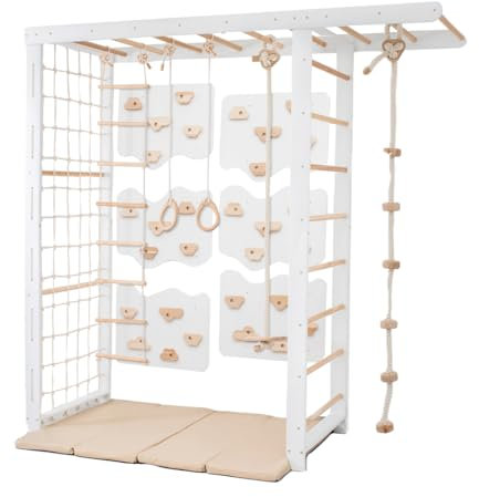 Wood And Hearts sprossenwand, kletterwand kinderzimmer, turnringe, sprossenwand kinderzimmer, Indoor Spielplatz, kletterwand, strickleiter, turnringe Holz, spielturm (6 Platten Weiß+Naturholz)