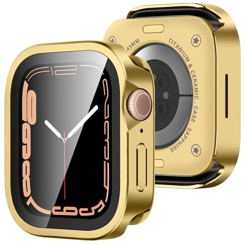 Amizee Metall Hülle Kompatibel für Apple Watch Series 9/8/7 45mm mit Displayschutz, Gerade Kante Ultradünn Kratzfeste mit Rückseite Schutzhülle für iWatch 45mm, Golden