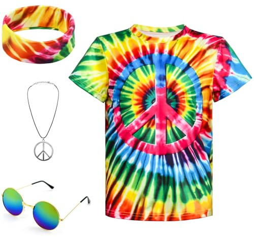 Jungen Hippie Kostüm 60S 70er Bunte Krawatte Farbstoff T-Shirt 4pcs Zubehör Set für Kinder