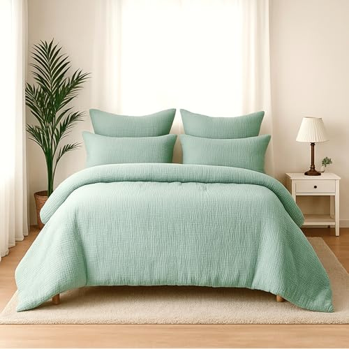 Wolkenfeld Premium Musselin Bettwäsche 200x220 mit Reißverschluss – Aus 100 % Baumwolle – Atmungsaktiv & Weich – Bettwäsche Musselin mit 2X 80x80 Kissenbezug Grün