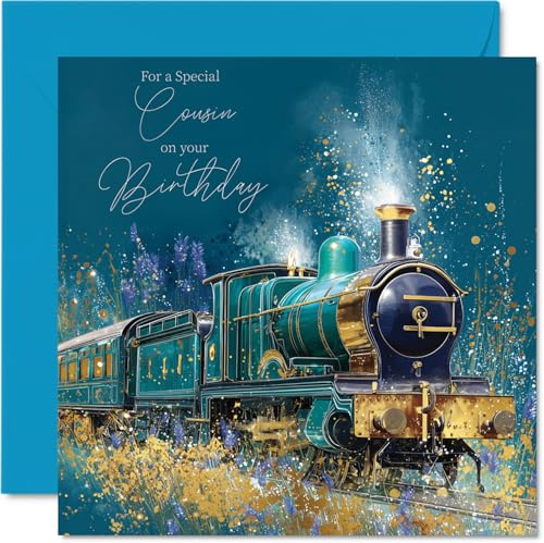 Geburtstagskarte für Cousin mit goldenem Zug, Happy Birthday Card für Cousin von Verwandten der Familie, 145 mm Goldzug