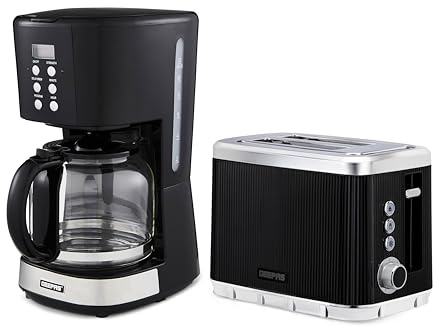 GEEPAS 1.5L Filter Coffee Machine & 2 Slice Toaster Combo Set | 900W Programmable Drip Coffee Maker for Instant Coffee Espresso 40min Keep Warm Timer 930W Bread Toaster 7 Browning Levels Crumb Tray