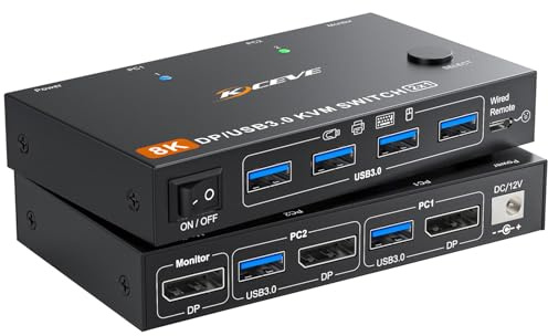 YOUTINGHDAV KVM Switch 1 Monitor 2 Computer Displayport 4K@240Hz 8K@60Hz, USB 3.0 KVM Switch Displayport 2.1 for 2 Computers Share 4 USB Devices Keyboard Mouse, Power Adapter, Wired Remote