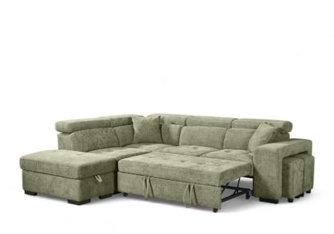 Chenille Green L Shaped Corner Sofa Bed with Storage Ottoman, Adjustable Headrests and 2x Foot Stools - Durable Fabric Modular Sectional Pull Out Sofa Bed 4 Seater with Black Metal Feet - LEFT HAND