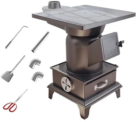 Stufa A Legna Per Interni Con Coperchio Sigillato Griglia In Ghisa Rotante Scatola Per Cenere Di Grande Capacità Per Riscaldamento, Cucina, E Barbecue, Energetico(500cm chimney)