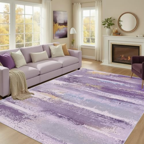 GthreeD Teppich Wohnzimmer Violett 160x230cm Abstrakelte Waschbar Teppiche | Moderne Flauschig Kurzflor Wohnzimmerteppich Rutschfest Teppich für Wohnzimmer, Schlafzimmer, Esszimmer, Küche, Büro
