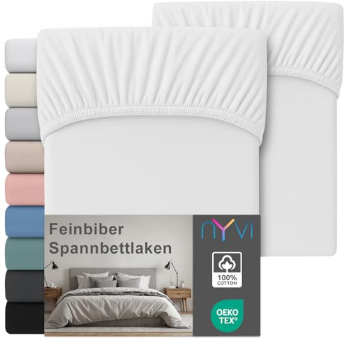 NYVI Feinbiber Spannbettlaken Deluxe für Matratzen bis 25 cm Steghöhe - Extra Warm & Weich, 100% Baumwolle, Bügelfrei, Vorgekrumpft - 100x200 cm (2er Set) Weiß
