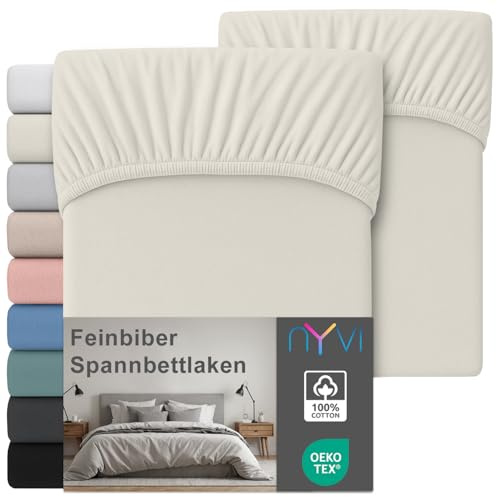 NYVI Feinbiber Spannbettlaken Deluxe für Matratzen bis 25 cm Steghöhe - Extra Warm & Weich, 100% Baumwolle, Bügelfrei, Vorgekrumpft - 90x200 cm (2er Set) Creme