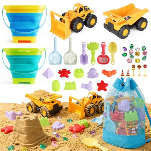 UBeesize 37 Stück Sandspielzeug, Sandkasten Spielzeug | Reise Sandspielzeug mit 2 Faltbarer Eimer Kinder Strandspielzeug Junge Mädchen mit Netztasche Set, 2 Lastwagen und Sandsieb