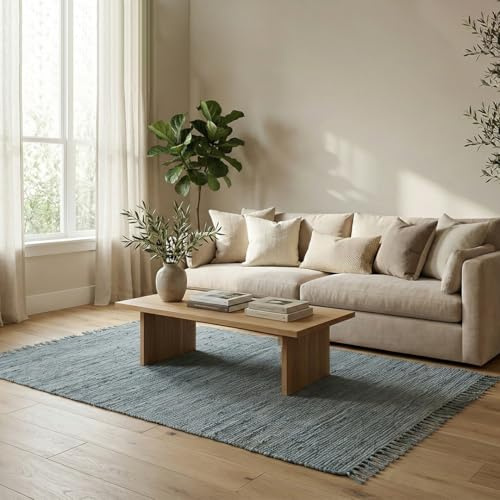 Elegant Floors® Chindi Teppich BLAU 140x200 cm handgewebt aus Baumwolle – nachhaltiger Flachgewebe Teppich, wendbar und pflegeleicht