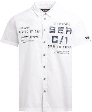 Camp David Herren Kurzarmhemd mit Label Prints Opticwhite, XXL