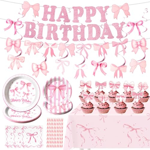 Dhnvcud 124tlg Rosa Schleife Partygeschirr für Mädchengeburtstag | Tischdecke, Tortenaufsatz, Banner, Servietten, Strohhalme & Pappteller für Hochzeit, Garten & Party