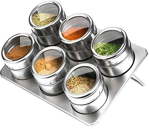 Baby Pig NWSS Stainless Steel Spice Jars, Set of 6 Magnetic Spice Jars, Stainless Steel/Glass