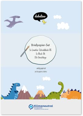 dabelino® Briefpapier Set Dinosaurier für Kinder: A5 Block liniert, 10 Umschläge + A6 Malblock