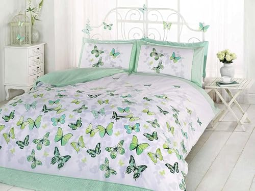 Rapport Home Furnishing Green Butterfly King Duvet Cover Set | Reversible Easy Care Polycotton Bedding with 2 Pillowcases - 230cm x 220cm
