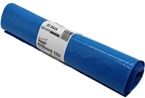 BAMI 25 Stück Müllbeutel Müllsack Abfallsack 150 Liter 90 x 110 cm, LDPE Typ 60-36µ 1639g EXTRA STARK - blau