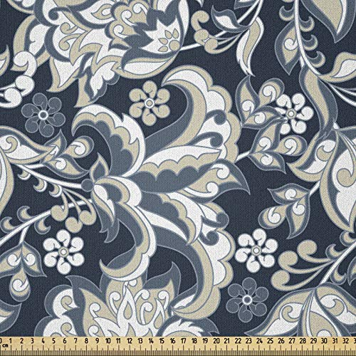 ABAKUHAUS asiatisch Microfaser Stoff als Meterware, Oriental Eastern Flowers, Deko Basteln Polsterstoff Textilien, 2M (230x200cm), Dunkelblau Grau und Beige