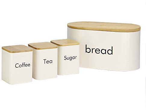 Maison & White Kitchen Canister Set | Tea, Coffee & Sugar Canisters | Kitchen Container Set with Bamboo Lids | Food Storage | M&W (4 Piece (with Bread Bin))