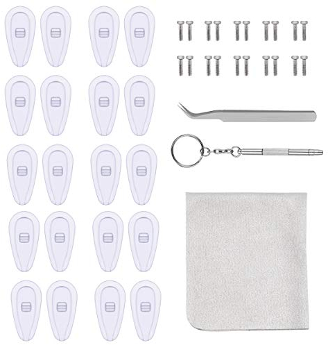 NATUCE Kit de Reparación de Gafas, 10 Pares Almohadillas de Nariz para Gafas Silicona, Almohadillas de Nariz de Cámara de Aire, con Tornillos Pinzas y Paño de Limpieza
