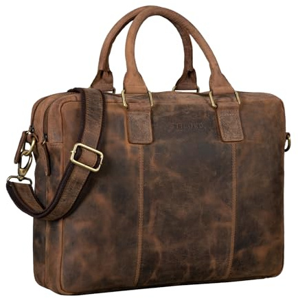 STILORD 'Zacharias' Vintage Businesstasche Leder Aktentasche groß XL 15,6 Zoll Laptoptasche Schultertasche Umhängetasche aufsteckbar Echtleder, Farbe:calais - braun