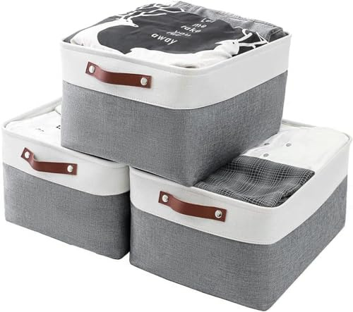 Mangata Storage Baskets, Fabric Storage Boxes, Cold Grey&White (Large, 3Pack)