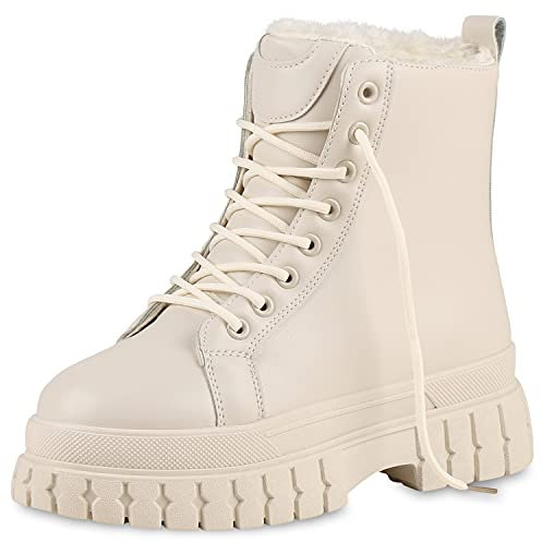 VAN HILL Damen Warm Gefütterte Plateau Boots Chunky Stiefeletten Blockabsatz Schuhe Profilsohle Schnürer Kunstfell Booties 201799 Beige 40