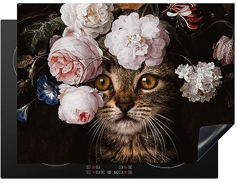 MuchoWow Herdabdeckplatte Ceranfeld Spritzschutz Küche Katze - Blumen - Tierkopf 70x52 cm Induktionsherd Abdeckung Induktionskochfeld Ceranfeldabdeckung