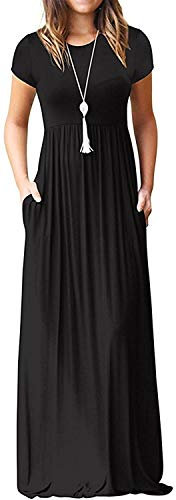 DEARCASE Damen Maxikleid, Damen Soft Casual Kurzarm Langes Kleid, Langärmeliges Damen Maxikleid mit Blumenmuster und Taschen, Schwarz S