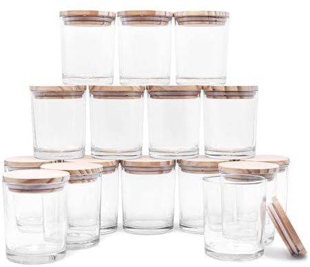 Lot de 16 pots à bougies épais pour la fabrication de bougies, pots vides de 200 ml avec couvercles en bois pour la fabrication de bougies, récipient d'échantillons, transparent