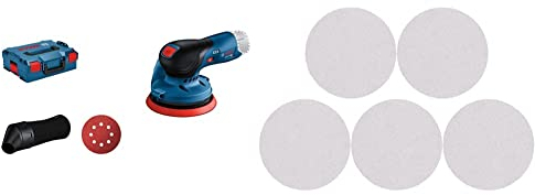 Bosch Professional Exzenterschleifer GEX 12V-125 (125 mm, 1x Schleifpapier, ohne Akkus Ladegerät, in L-BOXX) +5x Expert M480 Schleifnetz (für Hartholz, Farbe auf Holz, Ø 125 mm, Körnung 120)