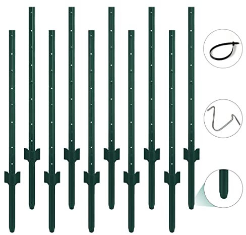 TANIVO (3-4-5-6-7 Feet) Heavy Duty Fence Post with Spike Bottom Design (Pack 10) Includes Zip Ties & Post Clips, Sturdy/Weatherproof/Eassy to Install U-Shaped Metal Fence Post for Holding Garden Fence