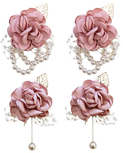 Tucireat Boutonniere und Handgelenksblume 4 Stück Rosa Rosen Handgelenk Korsage Braut Handgelenk Blume Hochzeit Handgelenk Corsage Blume Handgelenk Corsage Brautjungfer Armband Hochzeit Blumen